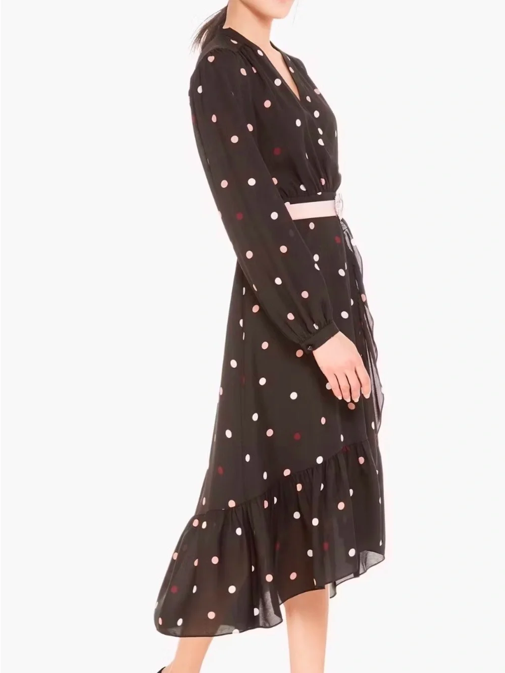 kate spade Black Polka Dot Wrap Midi Dress with Pink & White Dots